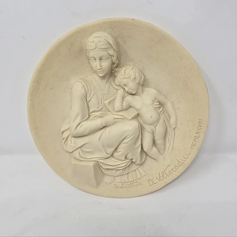 Vtg 1978 pensive madonna  alabaster‎ plate di volteradici santini italy religion